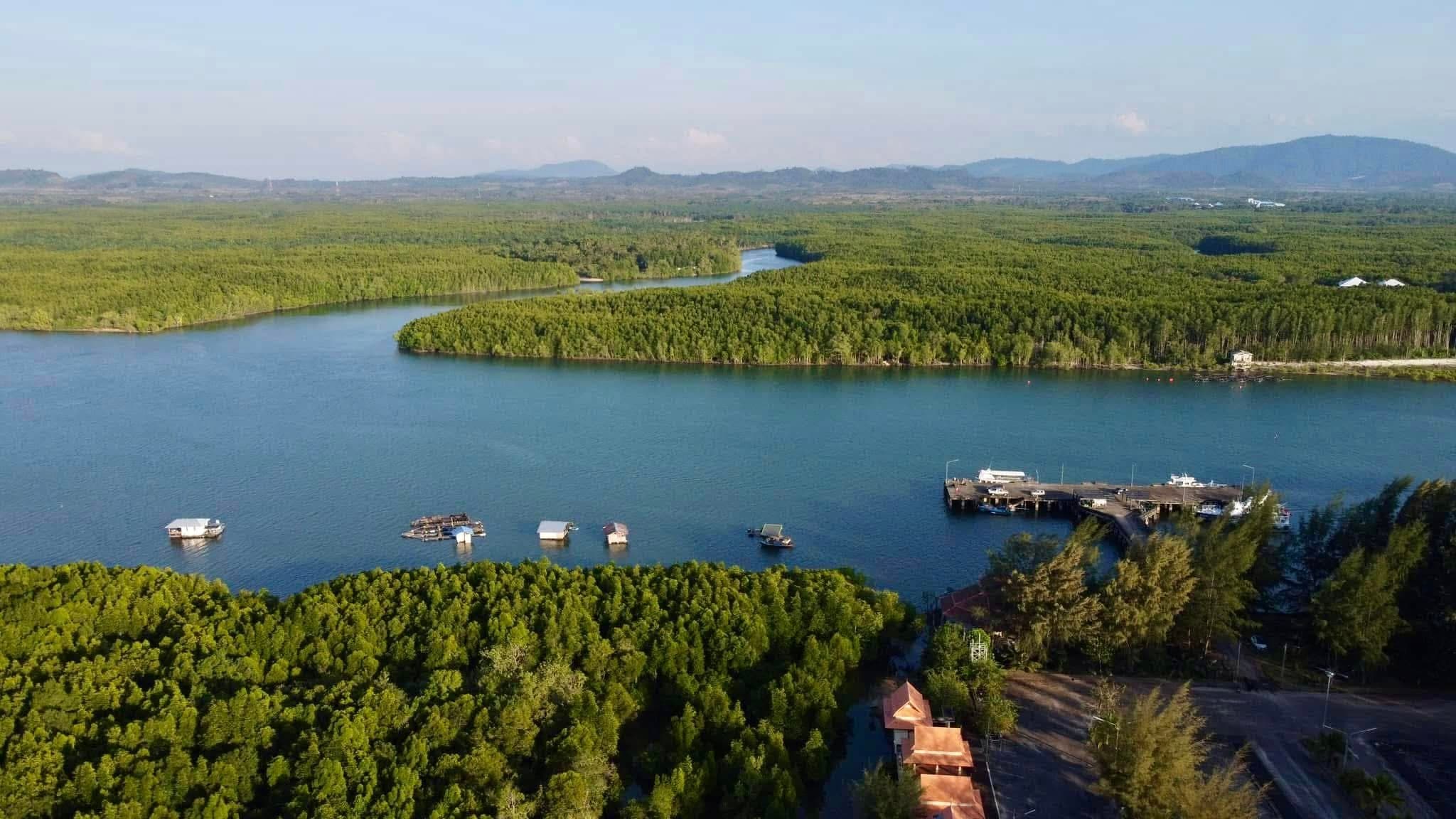 Aerial view of Khlong Son Marina pier inside the Khlong Sikao mangrove estuary